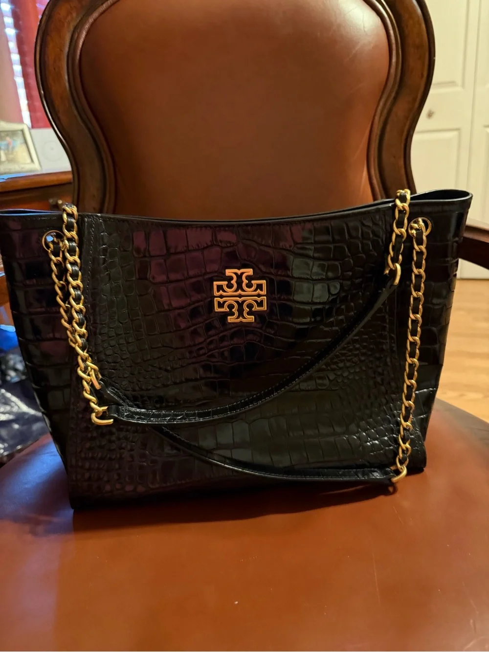 Tory Burch Black Croc-Embossed Shoulder Tote with Gold Logo